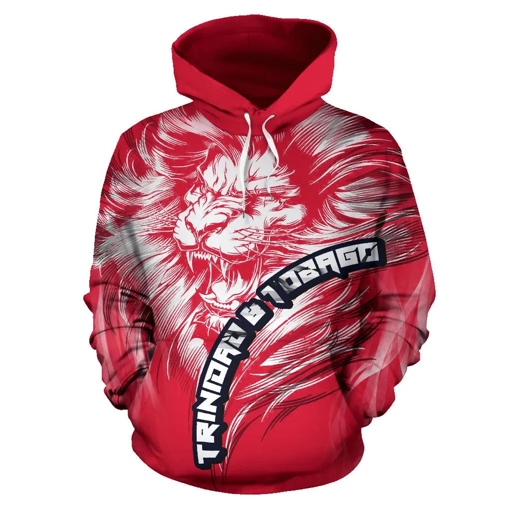 Red pullover hoodie with roaring lion graphic and Trinidad & Tobago text stripe