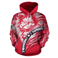 Red pullover hoodie with roaring lion graphic and Trinidad & Tobago text stripe