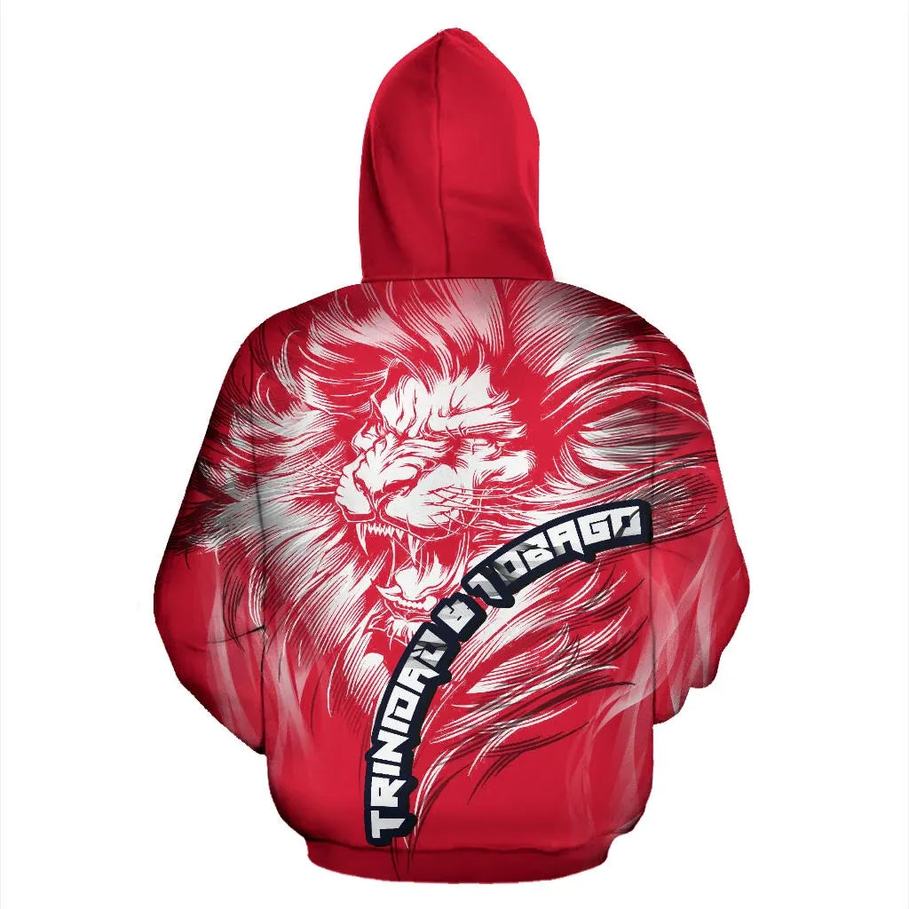 Red pullover hoodie, back roaring lion graphic with Trinidad & Tobago center text