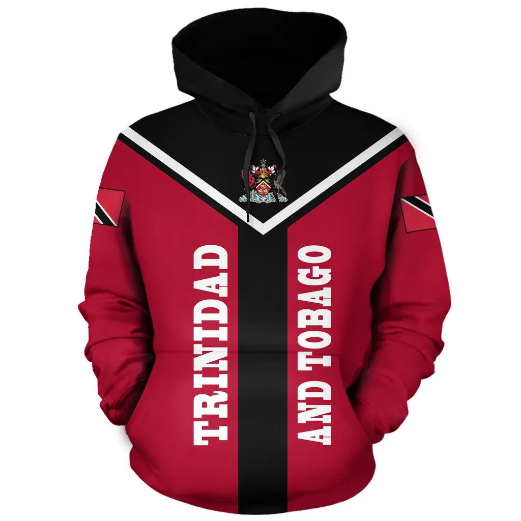 Pullover hoodie with red-and-black panels, white V stripes, and Trinidad crest on front