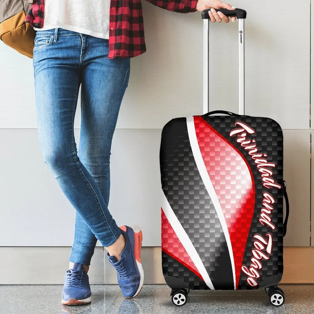 Trinidad and Tobago flag luggage cover, black carbon pattern with red/white accents, wheels