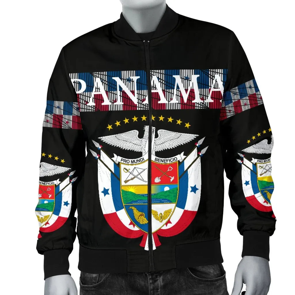 Black zip-up bomber jacket with PANAMA print, striped shoulder panels, ribbed cuffs and hem