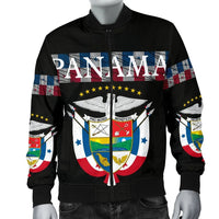 Black zip-up bomber jacket with PANAMA print, striped shoulder panels, ribbed cuffs and hem