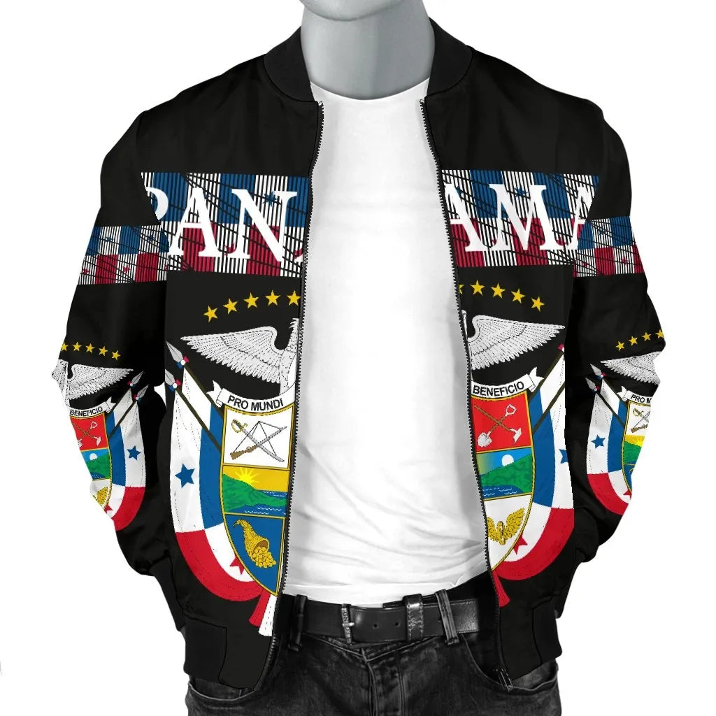Black zip-up bomber jacket front with PANAMA print, crest graphic, full-length zipper