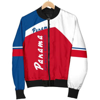 Men's bomber jacket on hanger: red center, white sleeves, blue left panel, full zipper