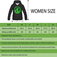 Women's size chart for black hoodie; shows measurements and polyester/spandex blend