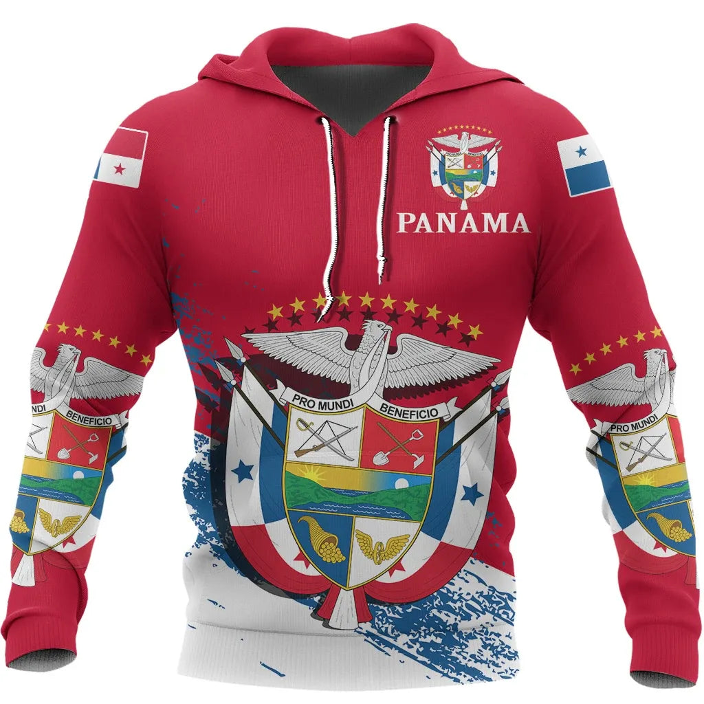 Red zip hoodie with Panama crest graphic and flag-style star design, printed sleeves