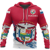 Red zip hoodie with Panama crest graphic and flag-style star design, printed sleeves