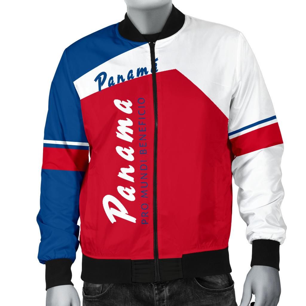 Men's bomber jacket front view with vertical 'Panama' logo stripe and ribbed cuffs