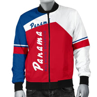 Men's bomber jacket front view with vertical 'Panama' logo stripe and ribbed cuffs