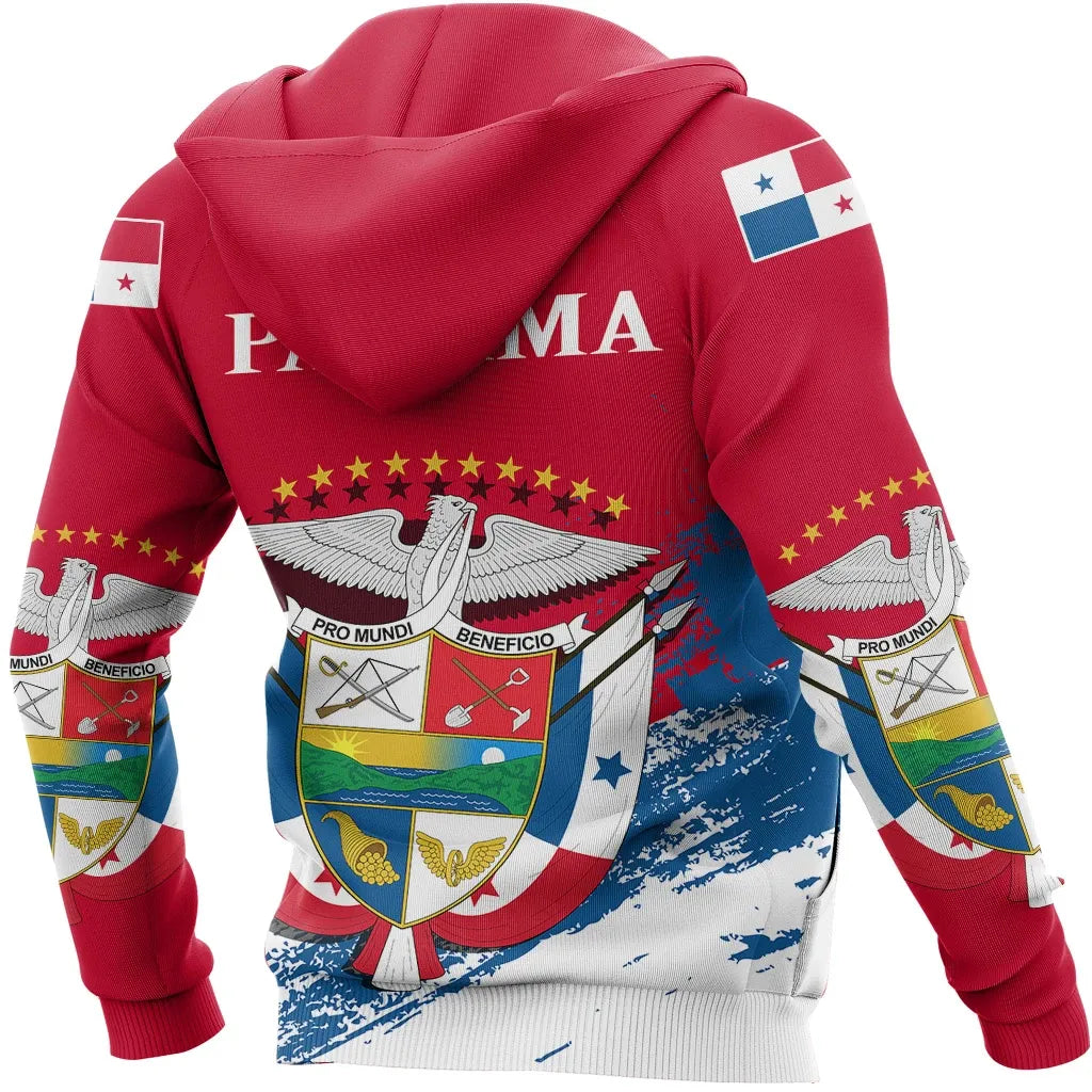 Red zip hoodie back with Panama crest graphic, stars and flag colors, printed sleeves