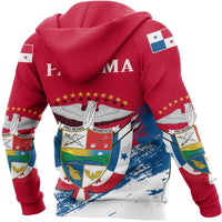 Red zip hoodie back with Panama crest graphic, stars and flag colors, printed sleeves