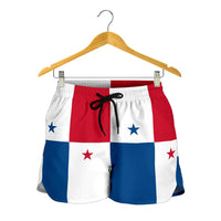 Women’s flag-print shorts with elastic waistband and black drawstring, red white blue blocks