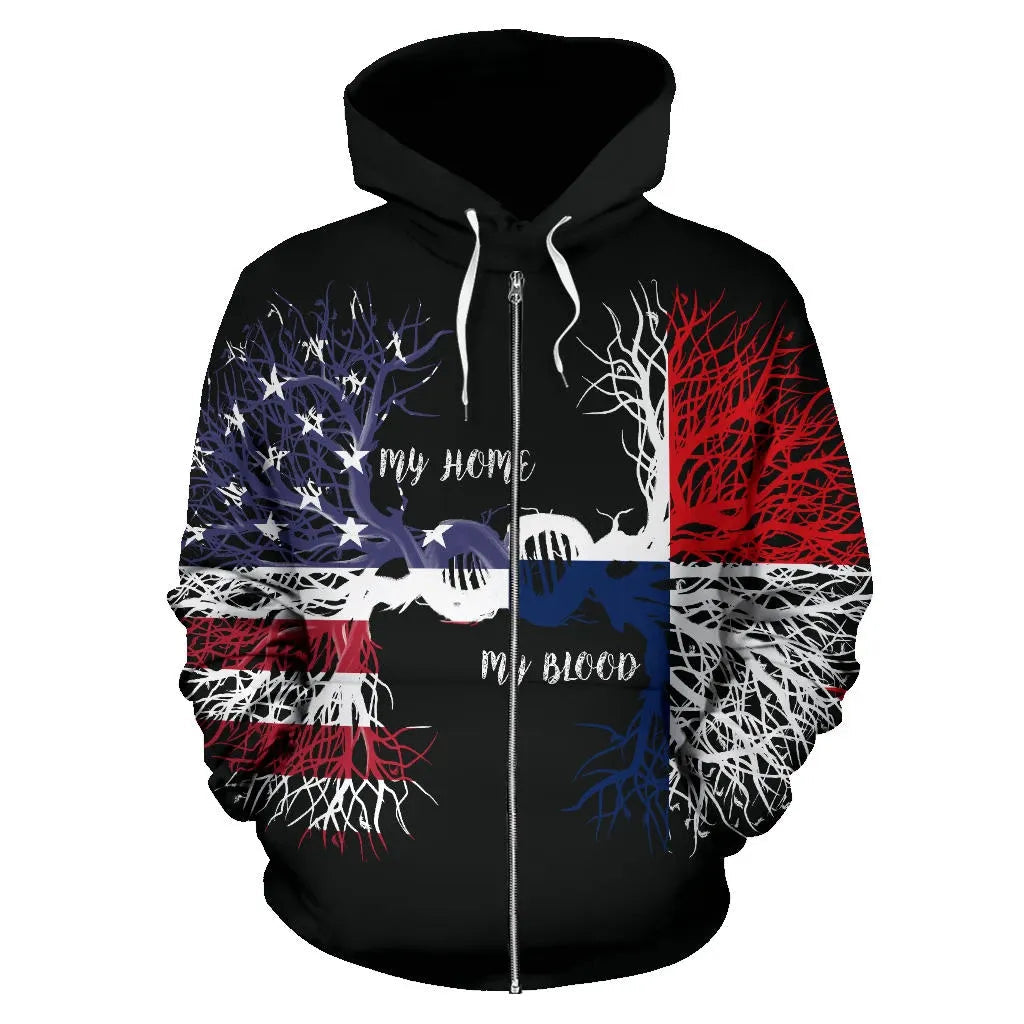 Black zip hoodie with colorful DNA graphic, drawstring hood, full front zipper.