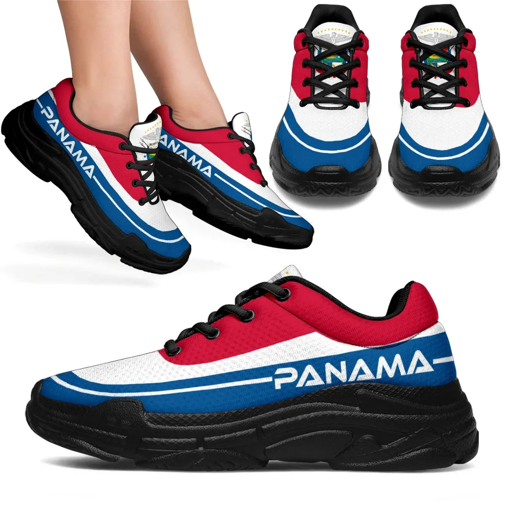 Chunky low-top sneakers with black sole, red and white uppers, blue stripe, black laces