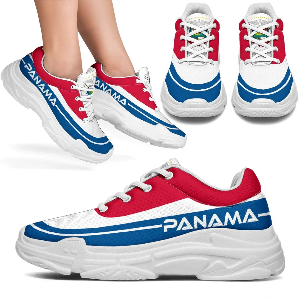 Chunky low-top sneakers, white mesh with red and blue panels, white laces, cushioned sole