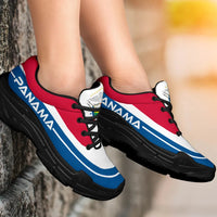 Chunky sneakers red, white & blue uppers, black laces, thick black sole