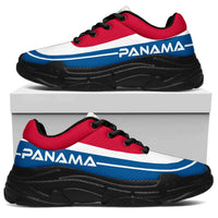 Chunky sneakers side view with red and white knit, blue stripe, thick black platform sole