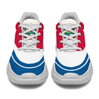 Chunky sneakers front view with red top, white body, blue stripe around toe and heel, white sole