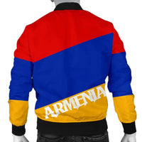 Back view bomber jacket with “ARMENIA” print, red/blue/yellow blocks, black cuffs