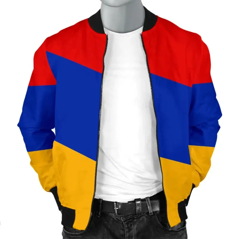 Front bomber jacket, Armenia flag stripes, black zip placket, red/blue/yellow panels