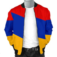 Front bomber jacket, Armenia flag stripes, black zip placket, red/blue/yellow panels