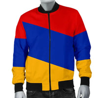 Armenia flag bomber jacket front view, black ribbed collar and cuffs, red/blue/yellow