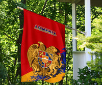 Armenia house flag in red with eagle crest and shield design over blue and gold