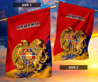 Armenia flag showing both sides: Side 1 and Side 2 with eagle crest on red