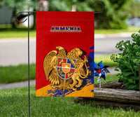 Armenia garden flag front view, red with golden eagle crest and Armenia text