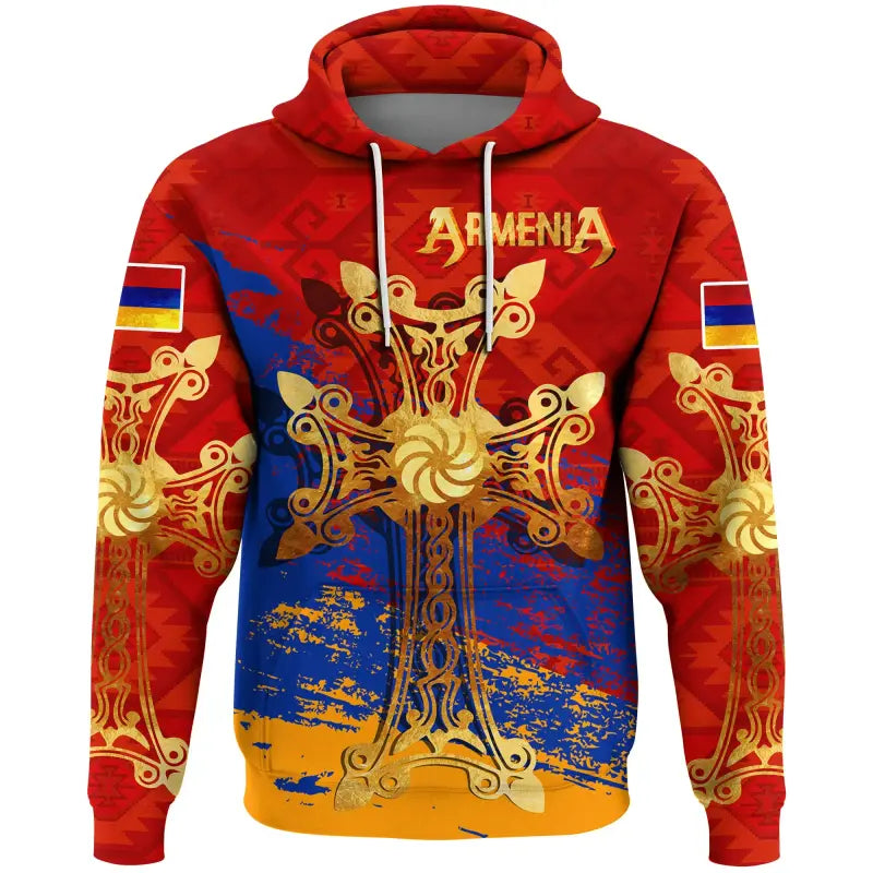 Roter Pullover-Hoodie mit armenischem Kreuz vorn, goldene Grafik, Kordeln