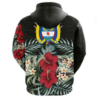 Colombia hibiscus pullover hoodie back view, black with tropical flower print and crest