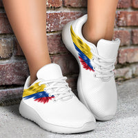 White sneakers with Colombia flag wings print, white laces and white outsole