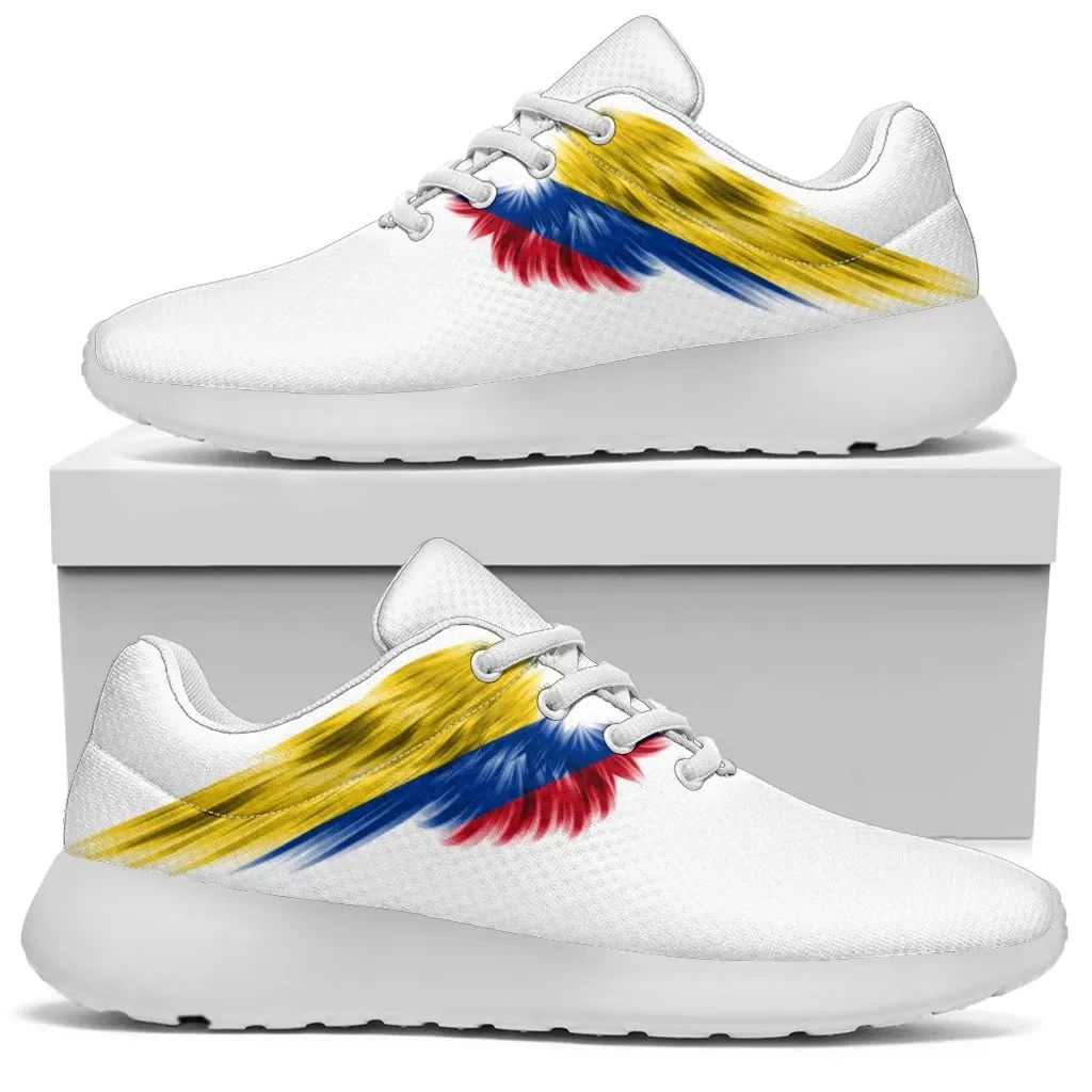 White sneakers with Colombia flag wings print, white laces and sole