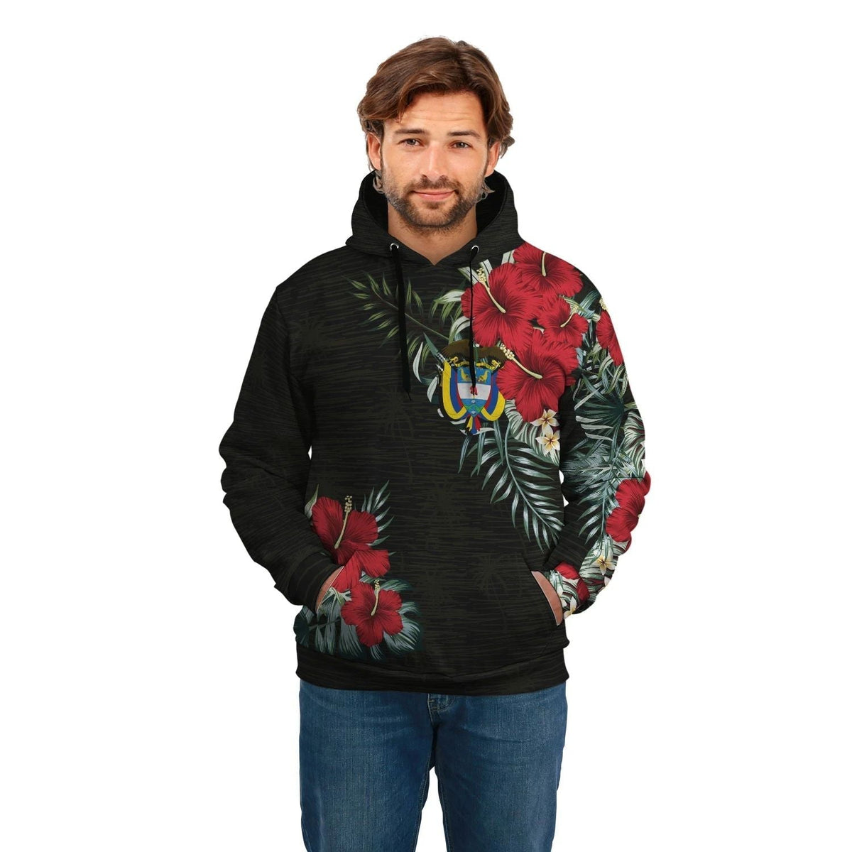 Hibiscus hoodie pullover in black with red hibiscus blooms and crest, side view