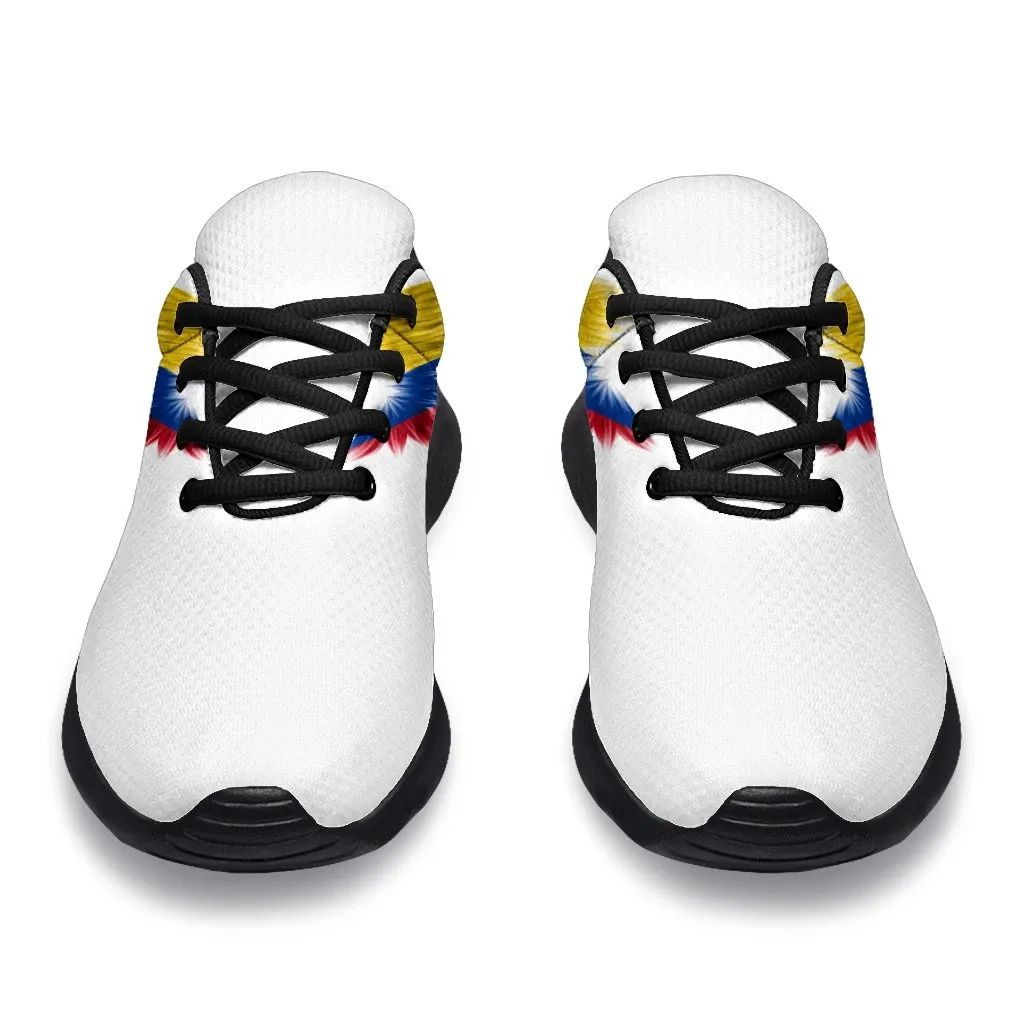 Back view: white sneakers with Colombia flag wings print, black heel trim