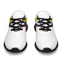 Back view: white sneakers with Colombia flag wings print, black heel trim