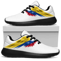 White sneakers with Colombia flag wings print, black laces and black sole