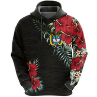 Colombia hibiscus pullover hoodie, black with red floral print and crest on chest