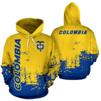 Pullover hoodie amarilla y azul con estampado Colombia y cordón blanco
