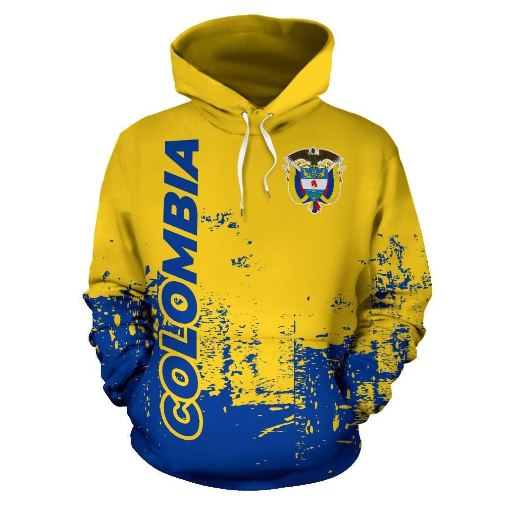 Sudadera con capucha amarilla y azul, logo escudo en el pecho y cordón blanco