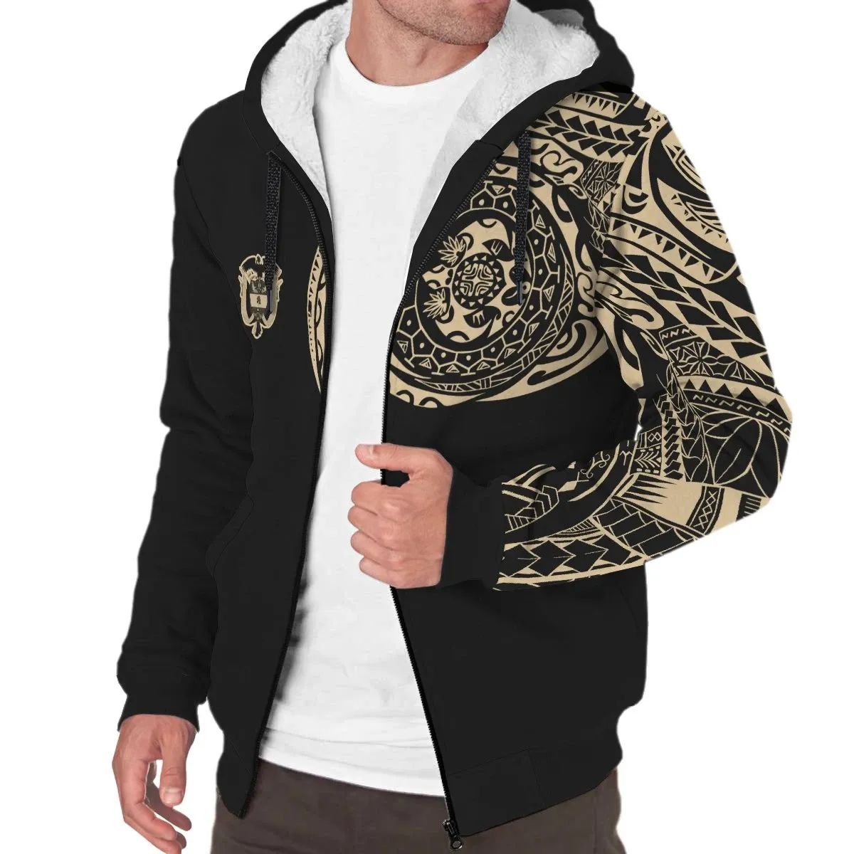 Black unisex sherpa hoodie jacket with bold gold tattoo-style front graphic and zipper
