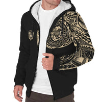 Black unisex sherpa hoodie jacket with bold gold tattoo-style front graphic and zipper
