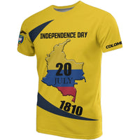 Yellow T-shirt front with Independence Day text, Colombia map, and 20 July 1810