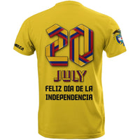 Yellow T-shirt back with large 21 graphic and Spanish 'Feliz Día de la Independencia'