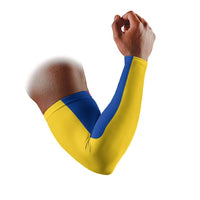 Flag arm sleeve: yellow and blue with red trim, worn on bent arm