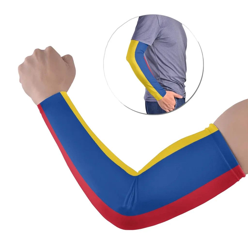 Columbia flag-style arm sleeve set of 2: blue, yellow, red on forearm