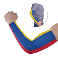 Columbia flag-style arm sleeve set of 2: blue, yellow, red on forearm