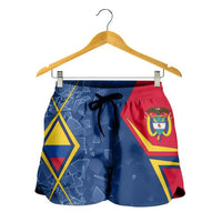 Colombia women’s shorts on hanger, blue-red geometric print with drawstring and elastic waist