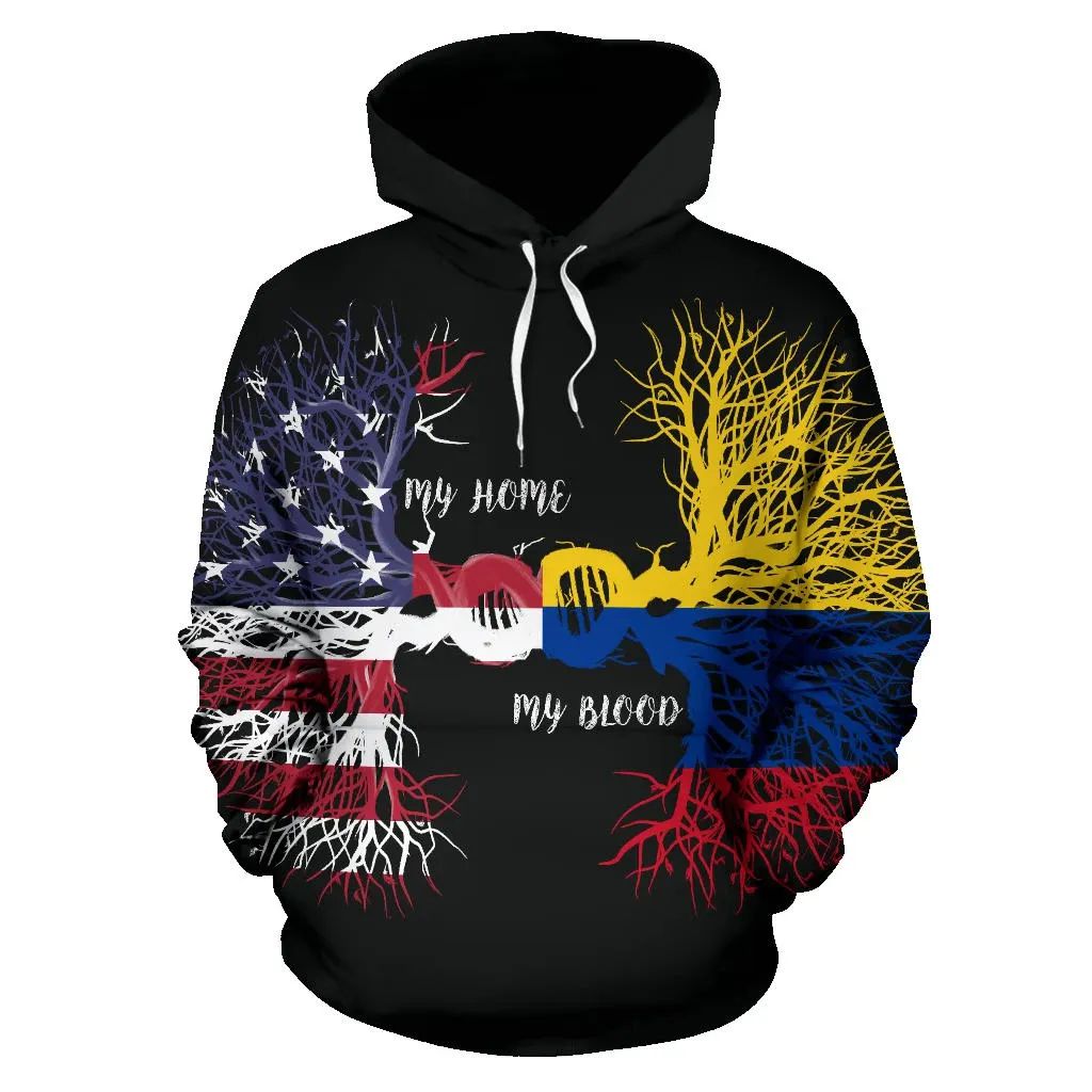 Pullover Hoodie mit farbigem Baumwurzel-Print und Text „My home“ sowie „My blood“, schwarz